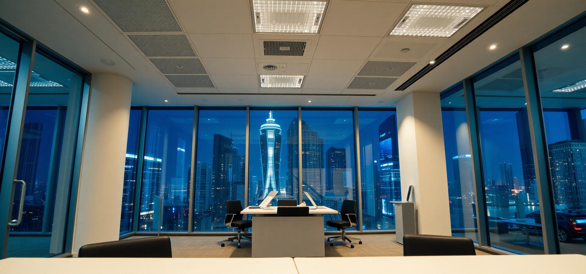 Immaculate modern office interior at night