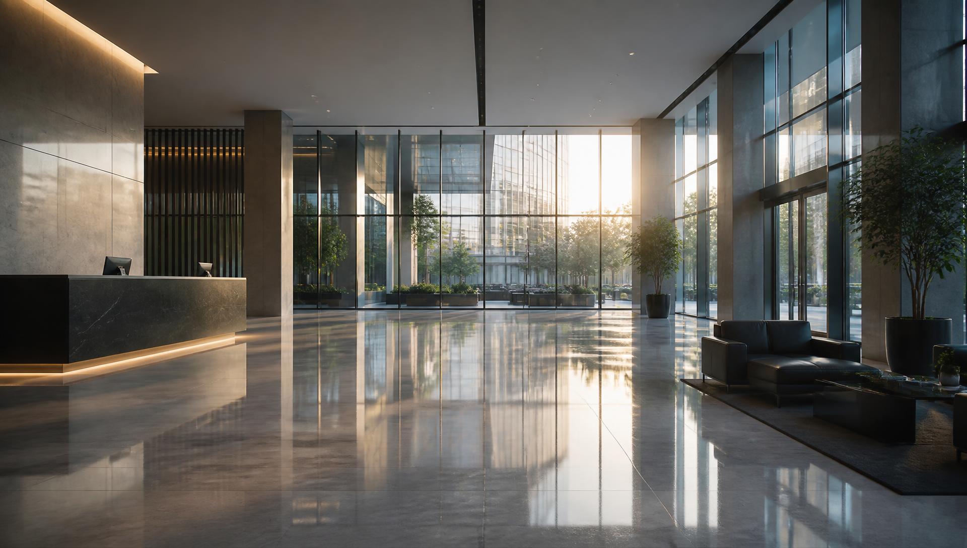 Modern corporate office lobby with immaculate polished floors at first light