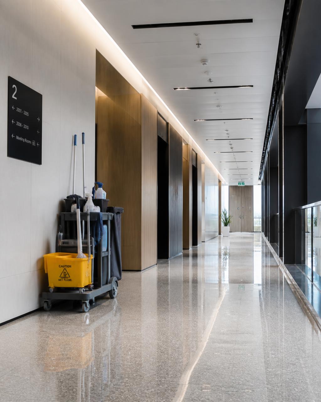 Freshly cleaned commercial corridor with a reflective polished floor